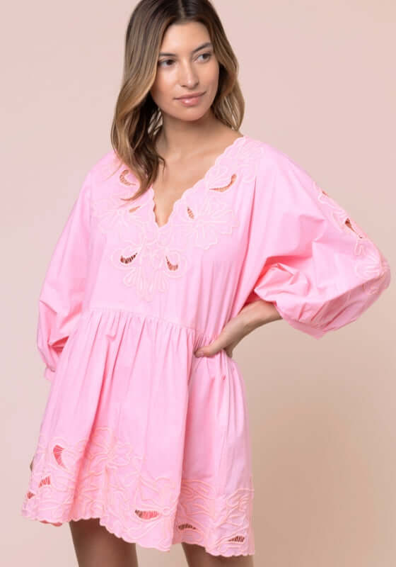 Poplin Tiered Mini Dress Paloma by Juliet Dunn, featuring a V-neckline and scalloped hem in a pink hue.
