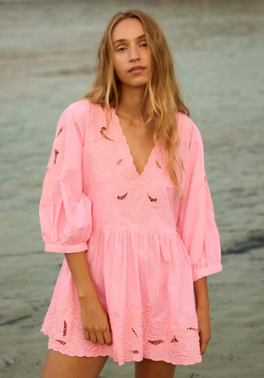 Poplin Tiered Mini Dress Paloma by Juliet Dunn, featuring a V-neckline, scalloped hem, and romantic puffy long sleeves.