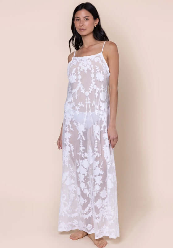 Embroidered Net Maxi Dress by Juliet Dunn, showcasing floral and bow embroidery, perfect for beach gatherings.