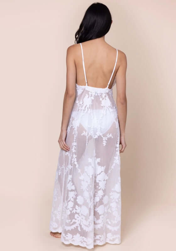 Embroidered Net Maxi Dress by Juliet Dunn, showcasing the back view with delicate floral embroidery and adjustable spaghetti straps.