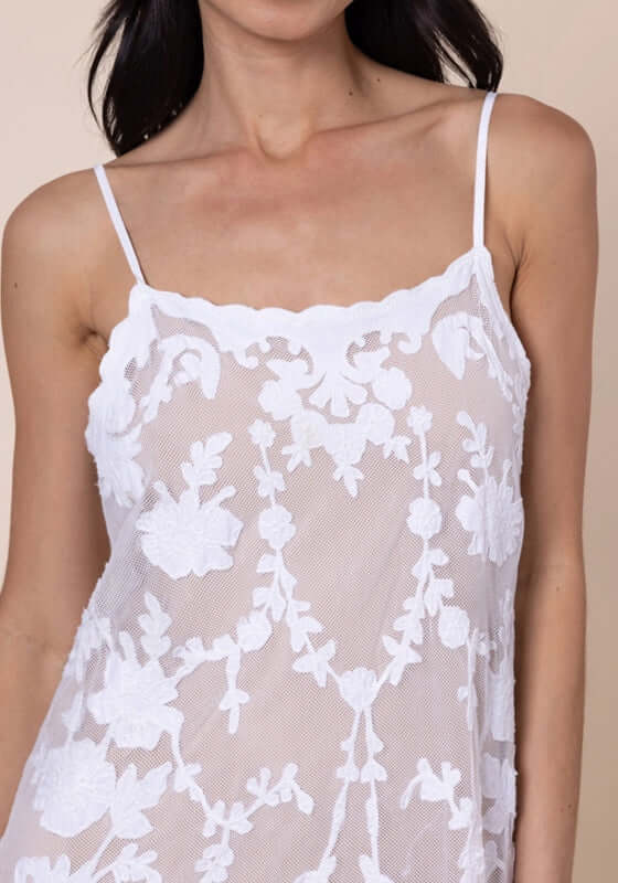 Embroidered Net Maxi Dress by Juliet Dunn featuring delicate floral and bow embroidery on breathable net fabric.