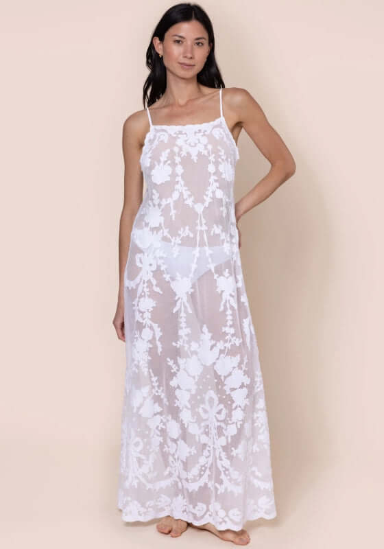 Embroidered Net Maxi Dress by Juliet Dunn, featuring delicate floral embroidery and adjustable spaghetti straps.