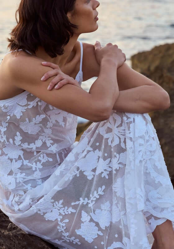 Embroidered Net Maxi Dress by Juliet Dunn, featuring delicate floral embroidery on soft white net fabric.