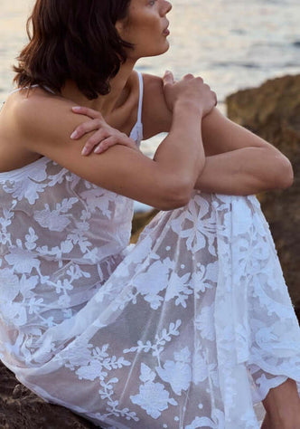 Embroidered Net Maxi Dress by Juliet Dunn, featuring delicate floral embroidery on soft white net fabric.