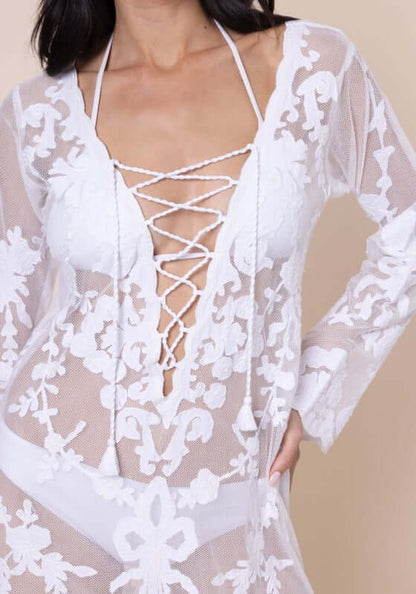 Embroidered Net Lace Up Kaftan by Juliet Dunn, featuring intricate floral embroidery and lace-up detail.