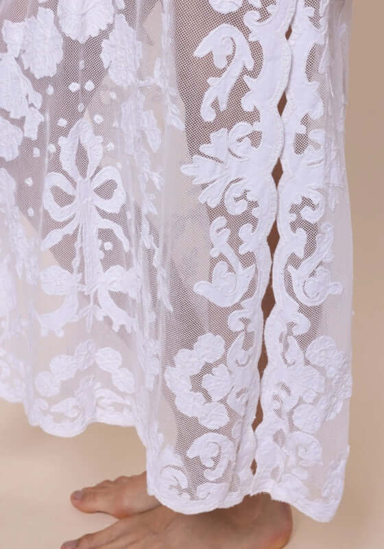 Embroidered Net Maxi Dress by Juliet Dunn, featuring intricate floral embroidery on delicate white net fabric.