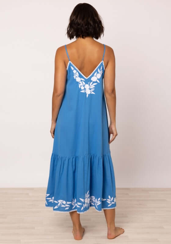 Linen Embroidered Midi Dress Marine