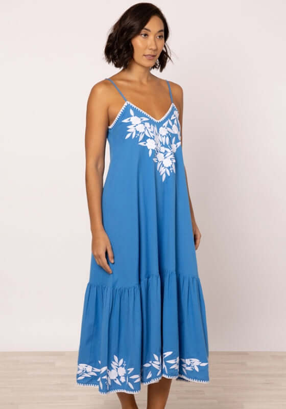 Linen Embroidered Midi Dress Marine