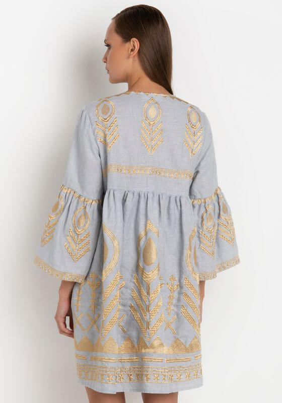 Greek Archaic Kori | Short Dress with Feather Embroidery Grey - Beach Cafe Greek Archaic Kori | Short Dress with Feather Embroidery Grey - Beach Cafe
