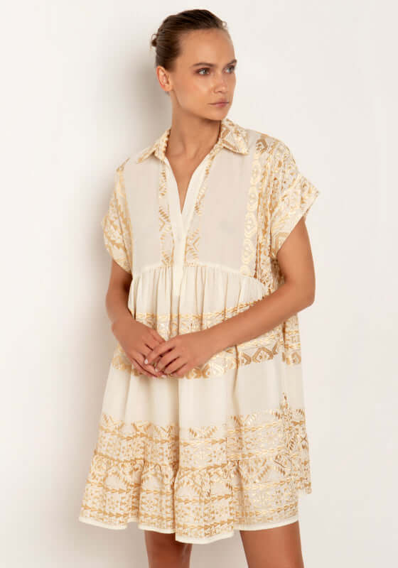 kori dress design Greek Archaic Kori | Indigo Short Dress with Gold Embroidery