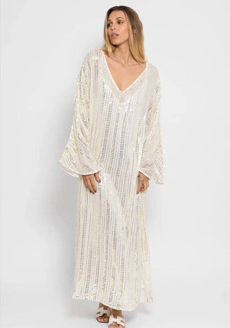 Leandra Dress Bora Bora by Sundress, featuring a v neckline, wide long sleeves, and intricate sequin patterns.