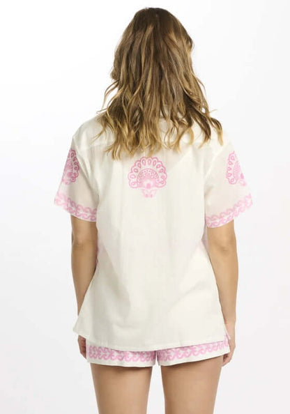 Calista Beach Shirt by Miss June, back view showcasing pink paisley print details on a lightweight white shirt.