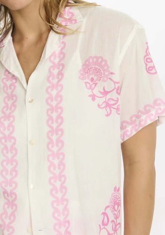 Calista Beach Shirt by Miss June featuring a lightweight fabric and pink paisley print on a white base.