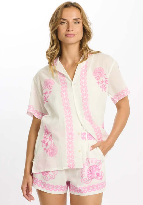 Mady Beach Shorts by Miss June model wearing pink paisley printed beach outfit in white and pink.