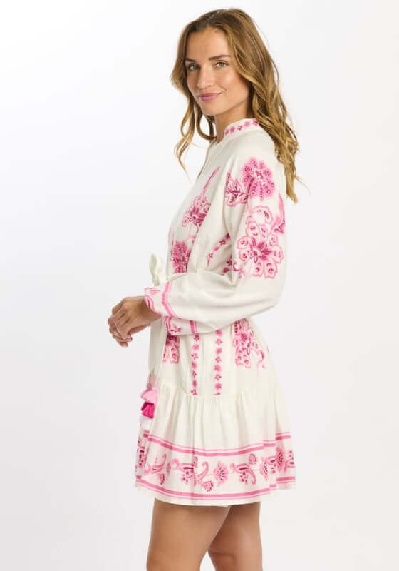 Anika Dress by Miss June, a pink paisley beach dress with V-neckline and balloon sleeves.