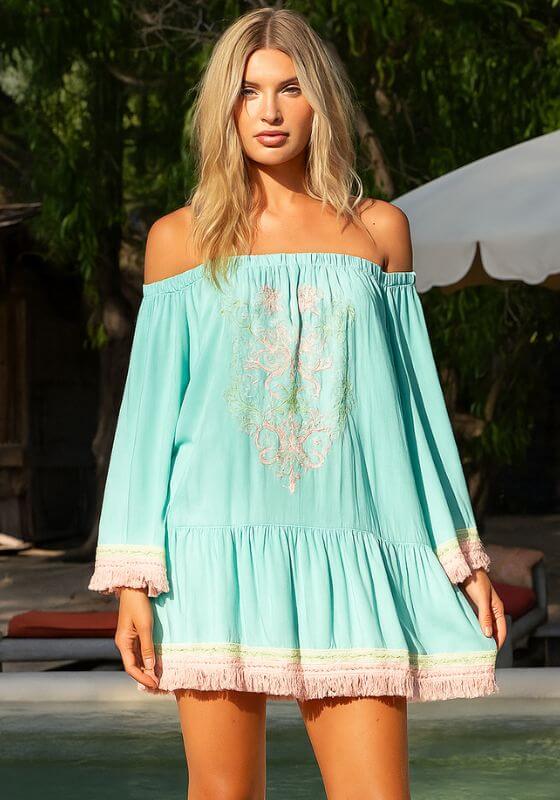Azra Beach Dress by Miss June, elegant blue off shoulder dress with embroidery and fringe detail.
