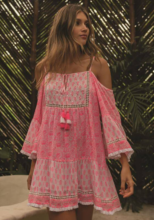 Celva Kaftan Pink by Miss June, featuring cold shoulder style, tassel ties, and lace cut-out detailing.
