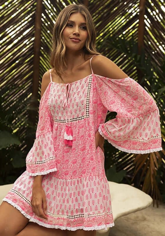 Celva Kaftan Pink by Miss June, featuring a cold shoulder design and lace detailing in a neon pink print.