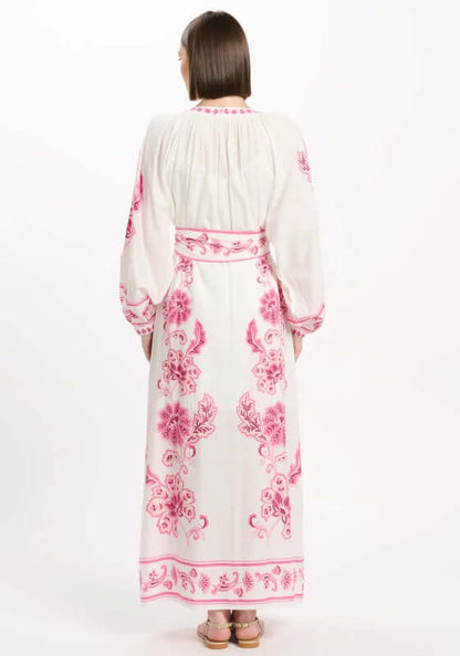 Dana Dress by Miss June, featuring a pink paisley print, elasticated balloon sleeves and a flowing maxi style.