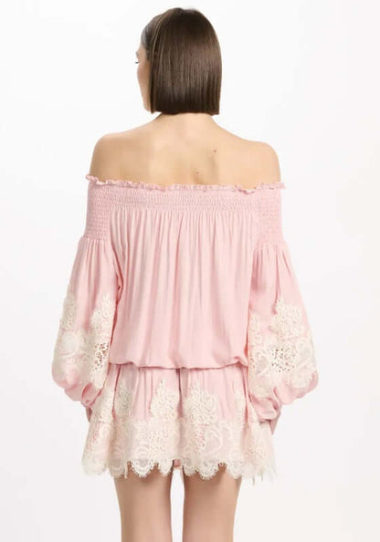 Laurel Dress Pink by Miss June, showcasing off-shoulder design, balloon sleeves, and intricate lace trim.