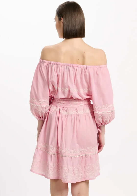 Layla Dress Pink by Miss June featuring an off-shoulder design with balloon sleeves and elegant embroidery details.