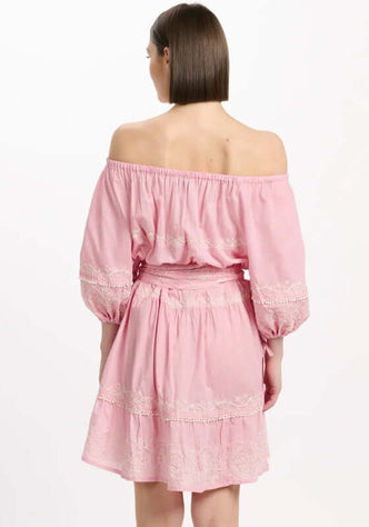 Layla Dress Pink by Miss June featuring an off-shoulder design with balloon sleeves and elegant embroidery details.
