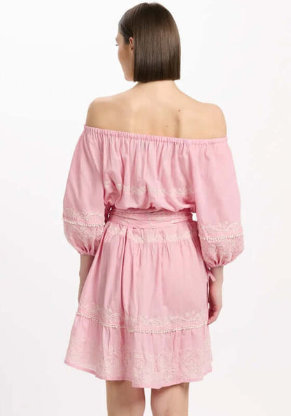 Layla Dress Pink by Miss June featuring an off-shoulder design with balloon sleeves and elegant embroidery details.