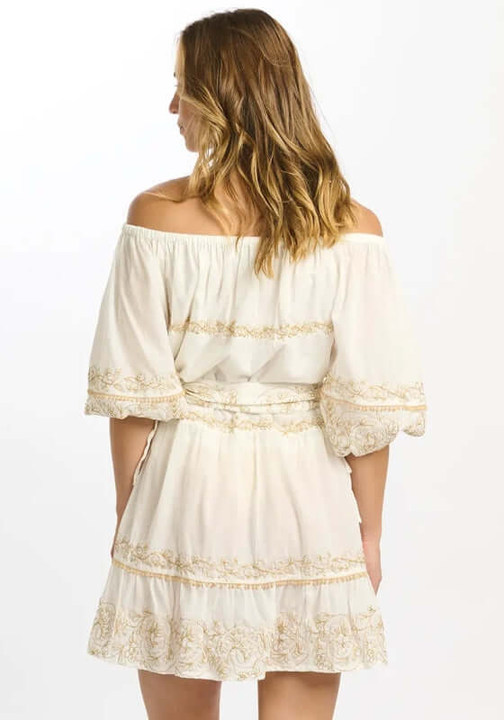 Layla Dress White by Miss June featuring an off-shoulder neckline, balloon sleeves, and gold embroidery on the back.