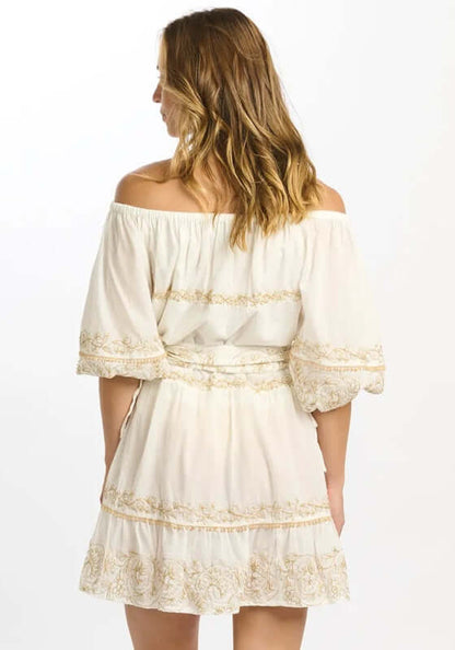 Layla Dress White by Miss June featuring an off-shoulder neckline, balloon sleeves, and gold embroidery on the back.