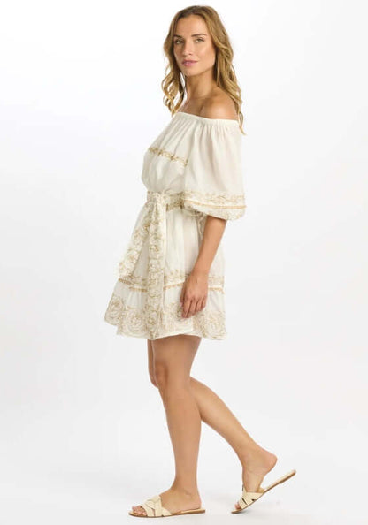 Layla Dress White by Miss June, featuring an off-shoulder neckline, balloon sleeves, and gold embroidery.
