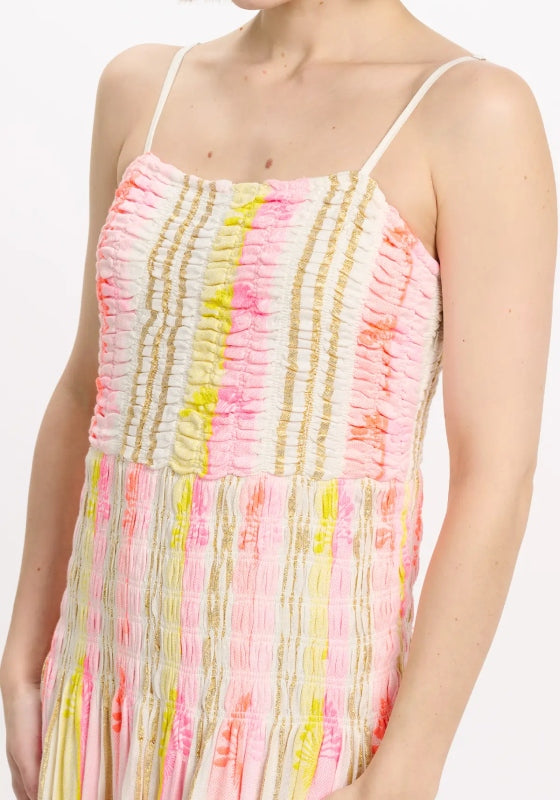 Perla Beach Dress by Miss June featuring neon stripes and smocked bust for comfort and style.