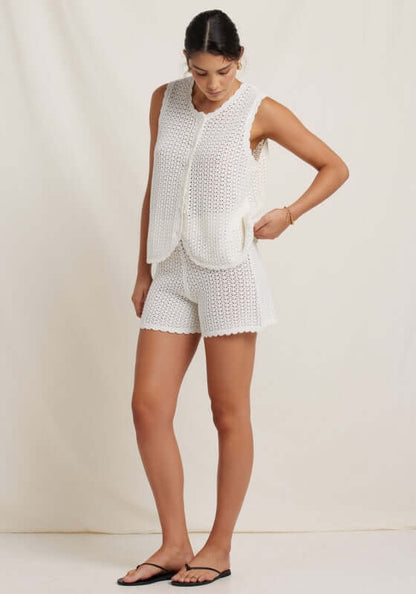 Pointelle Shorts Seashell by Peony, showcasing a soft perforated pattern, perfect for summer, paired with matching vest.
