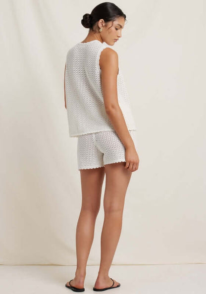 Pointelle Shorts Seashell by Peony, showing elegant shorts and vest set with a breathable perforated pattern.