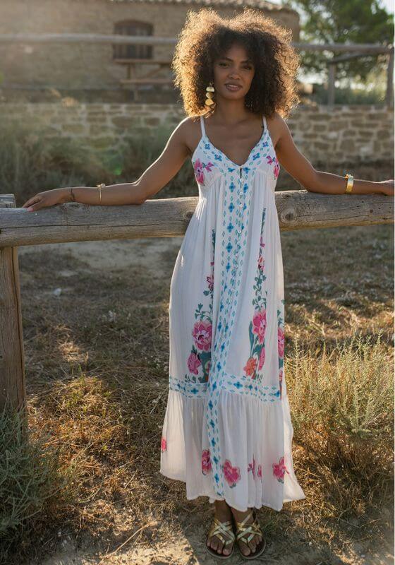 Bonaire Dress White Pink by Piti Cuiti, featuring a floral pattern and V-neckline, ideal for beach or resort wear.