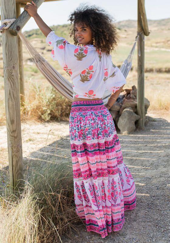 Zanzibar Long Skirt Pink Indigo by Piti Cuiti, featuring vibrant color blocking and a flowing, relaxed silhouette for beach style.