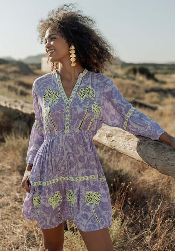 Sahara Purple Dress by Piti Cuiti, a vibrant purple dress with lime green embroidery, perfect for warm-weather resort style.