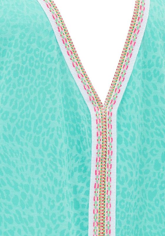 Cheetah Maxi Sun Dress Mint by Pitusa, featuring a mint semi-sheer jersey with colorful embroidered details.