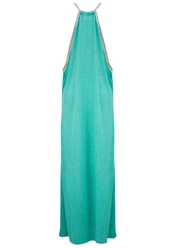 Cheetah Maxi Sun Dress Mint by Pitusa, a mint green beach dress with a halter neck and embroidered panel.