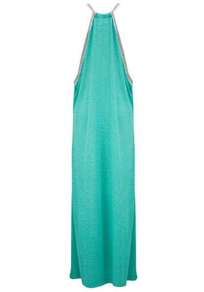 Cheetah Maxi Sun Dress Mint by Pitusa, a mint green beach dress with a halter neck and embroidered panel.