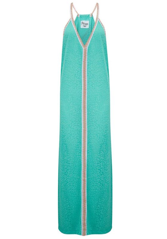 Cheetah Maxi Sun Dress Mint by Pitusa, featuring soft semi sheer jersey with embroidered neckline, stylish beachwear.