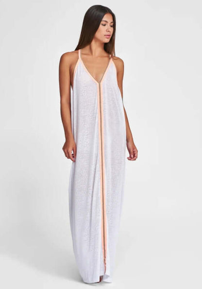 Cheetah Maxi Sundress White by Pitusa, featuring a soft semi-sheer jersey fabric with a v-neck design and elegant flow.