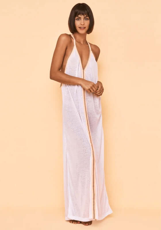 Cheetah Maxi Sundress White by Pitusa, featuring a model wearing a soft semi-sheer jersey cheetah print beach dress.