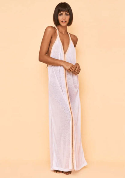 Cheetah Maxi Sundress White by Pitusa, featuring a model wearing a soft semi-sheer jersey cheetah print beach dress.