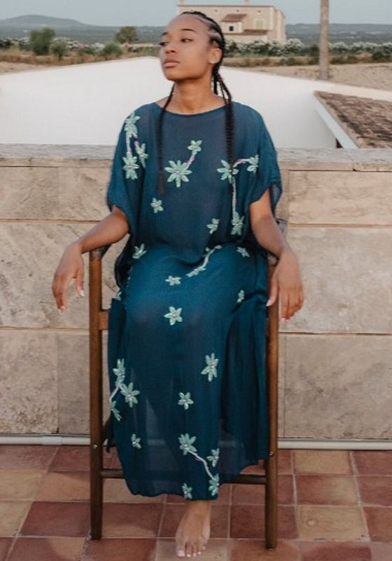 Cordelia Beaded Kaftan Navy by Pitusa featuring delicate beadwork and a flowing silhouette, perfect for special occasions.