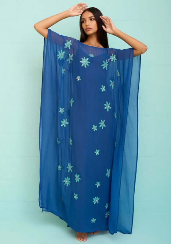 Cordelia Beaded Kaftan Navy by Pitusa featuring delicate beadwork and a flowing silhouette, perfect for special occasions.