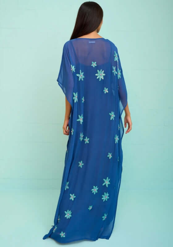 Cordelia Beaded Kaftan Navy by Pitusa, showcasing delicate beadwork and a flowing silhouette in navy.