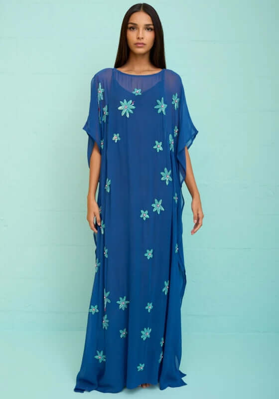 Cordelia Beaded Kaftan Navy by Pitusa featuring delicate beadwork and a flowing silhouette.
