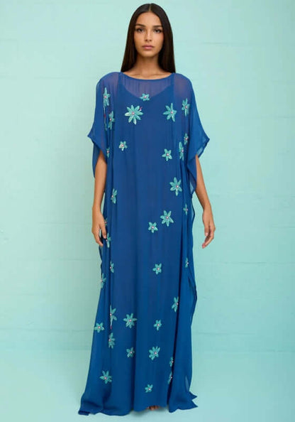 Cordelia Beaded Kaftan Navy by Pitusa featuring delicate beadwork and a flowing silhouette.
