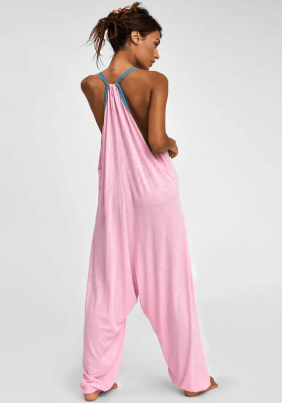 Pima Jumpsuit Light Pink by Pitusa, featuring a relaxed back view with an open design and soft pima cotton fabric.