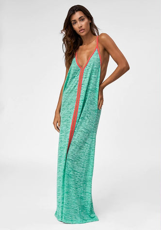 Inca Maxi Sun Dress Mint by Pitusa, showcasing a mint green dress with a plunging neckline and vibrant coral details.
